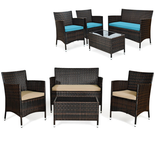 4 Pieces Comfortable Outdoor Rattan Sofa Set with Glass Coffee Table