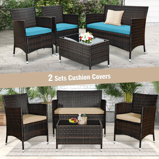 4 Pieces Comfortable Outdoor Rattan Sofa Set with Glass Coffee Table