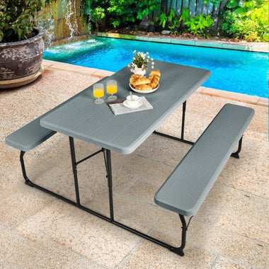  - Indoor and Outdoor Folding Picnic Table Bench Set with Wood - like Texture - Gray - Outdoor Style Company