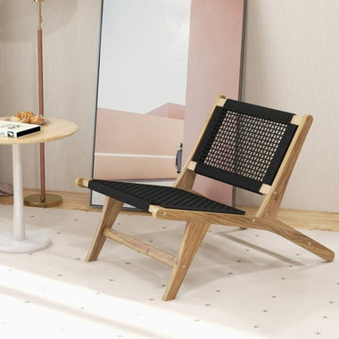  - Indoor Outdoor Teak Wooden Chair with Handwoven Cordage Seat and Backrest - Outdoor Style Company