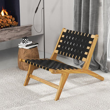  - Indoor Patio Teak Wooden Chair with Woven Webbing Seat and Backrest - Outdoor Style Company