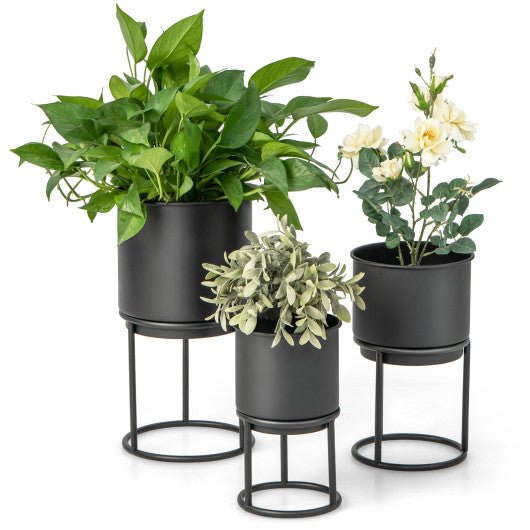  - Metal Planter Pot Stand Set of 3 with Pots for Home Balcony Garden - Outdoor Style Company