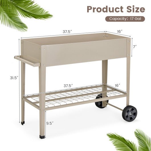  - Metal Raised Garden Bed with Storage Shelf Hanging Hooks and Wheels - Light Brown - Outdoor Style Company