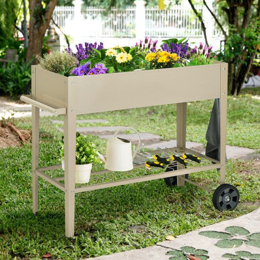  - Metal Raised Garden Bed with Storage Shelf Hanging Hooks and Wheels - Light Brown - Outdoor Style Company