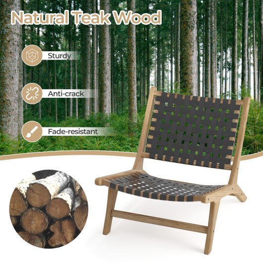  - Modern Armless Teak Wood Lounge Chair with Nylon Woven Backrest and Seat - Outdoor Style Company