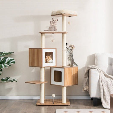  - Modern Wooden Cat Tree with Perch Condos and Washable Cushions - Outdoor Style Company