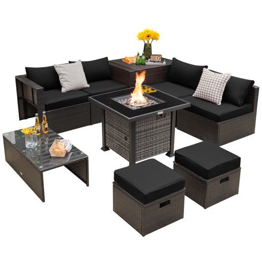  - Outdoor 9 Pieces Patio Furniture Set with 50 000 BTU Propane Fire Pit Table - Black - Outdoor Style Company