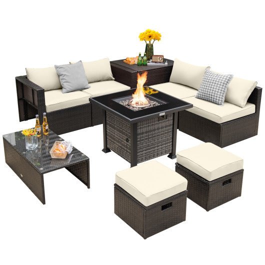  - Outdoor 9 Pieces Patio Furniture Set with 50 000 BTU Propane Fire Pit Table - Off White - Outdoor Style Company