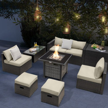  - Outdoor 9 Pieces Patio Furniture Set with 50 000 BTU Propane Fire Pit Table - Off White - Outdoor Style Company