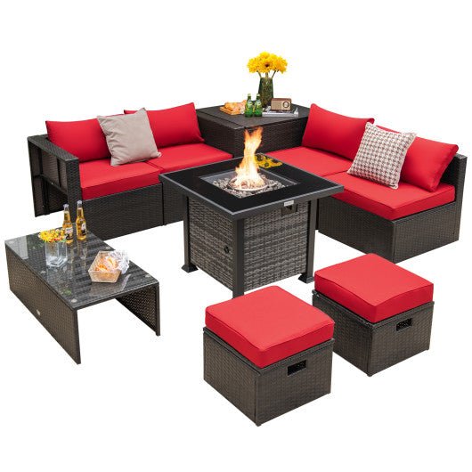  - Outdoor 9 Pieces Patio Furniture Set with 50 000 BTU Propane Fire Pit Table - Red - Outdoor Style Company