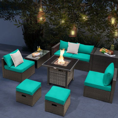  - Outdoor 9 Pieces Patio Furniture Set with 50 000 BTU Propane Fire Pit Table - Turquoise - Outdoor Style Company