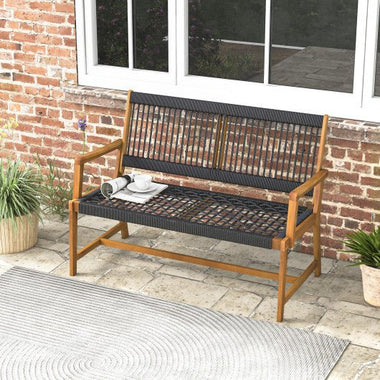  - Outdoor Acacia Wood Bench with Rope Woven Backrest and Armrests for 2 - Outdoor Style Company