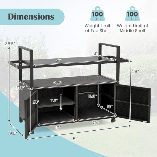  - Outdoor Bar Cart Rolling Wicker Buffet Serving Cart with Tempered Glass Top Storage Cabinet and 8 Hooks - Outdoor Style Company