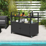  - Outdoor Bar Cart Rolling Wicker Buffet Serving Cart with Tempered Glass Top Storage Cabinet and 8 Hooks - Outdoor Style Company