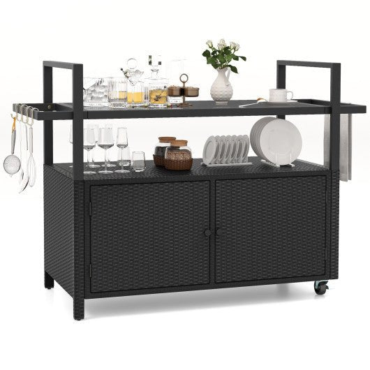  - Outdoor Bar Cart Rolling Wicker Buffet Serving Cart with Tempered Glass Top Storage Cabinet and 8 Hooks - Outdoor Style Company