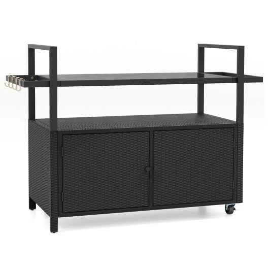  - Outdoor Bar Cart Rolling Wicker Buffet Serving Cart with Tempered Glass Top Storage Cabinet and 8 Hooks - Outdoor Style Company