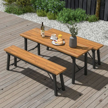  - Outdoor Dining Table and Bench Set with Acacia Wood Top for Yard Garden Poolside - Outdoor Style Company