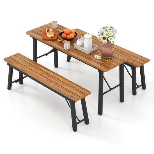  - Outdoor Dining Table and Bench Set with Acacia Wood Top for Yard Garden Poolside - Outdoor Style Company