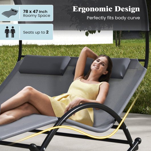  - Outdoor Dual Rocker Sunbed 2 - Person Canopied Patio Lounger with Detachable Headrests - Outdoor Style Company