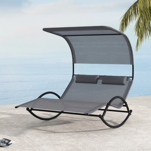  - Outdoor Dual Rocker Sunbed 2 - Person Canopied Patio Lounger with Detachable Headrests - Outdoor Style Company