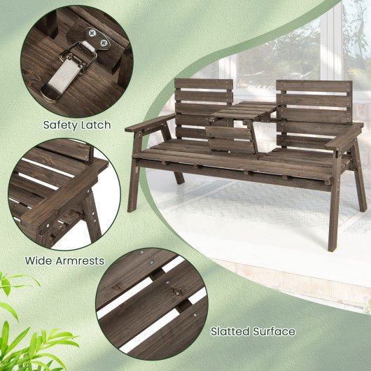  - Outdoor Fir Wood Bench with Foldable Middle Table - Outdoor Style Company