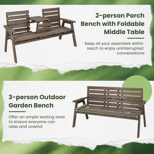  - Outdoor Fir Wood Bench with Foldable Middle Table - Outdoor Style Company