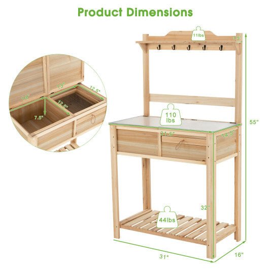  - Outdoor Garden Potting Bench Table with Metal Top Open Shelf - Outdoor Style Company