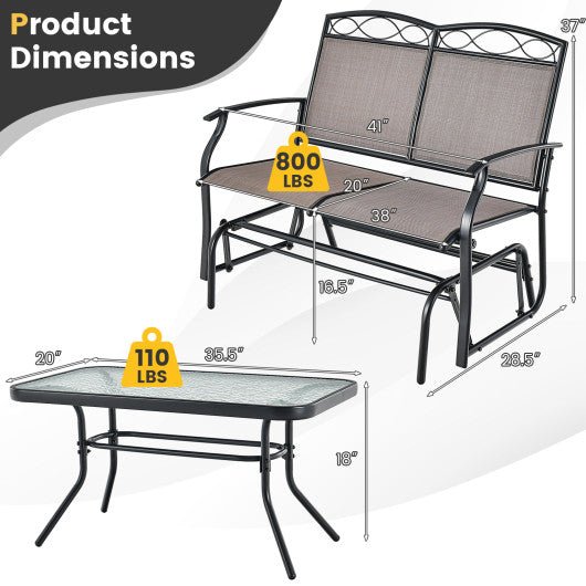  - Outdoor Gliding Loveseat Chair with Tempered Glass Coffee Table - 2 Pieces - Outdoor Style Company