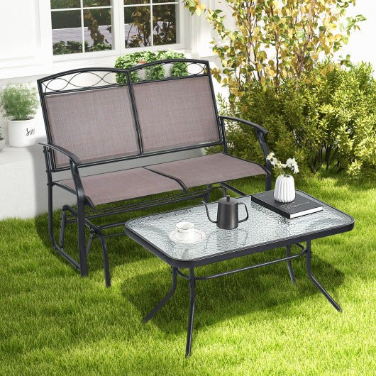  - Outdoor Gliding Loveseat Chair with Tempered Glass Coffee Table - 2 Pieces - Outdoor Style Company