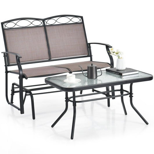  - Outdoor Gliding Loveseat Chair with Tempered Glass Coffee Table - 2 Pieces - Outdoor Style Company