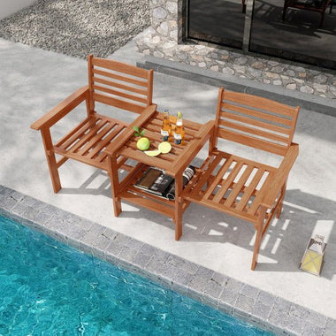  - Outdoor Patio Wood 2 - Seat Conversation Set with Coffee Table and Umbrella Hole - Outdoor Style Company