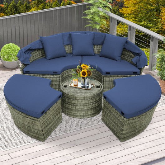  - Outdoor PE Wicker Round Daybed with Retractable Canopy and Cushions - Outdoor Style Company