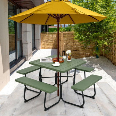  - Outdoor Picnic Table with 4 Benches and Umbrella Hole - Green - Outdoor Style Company