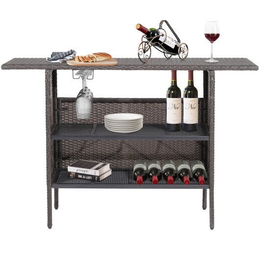  - Outdoor Wicker Bar Table with 2 Metal Mesh Shelves - Outdoor Style Company