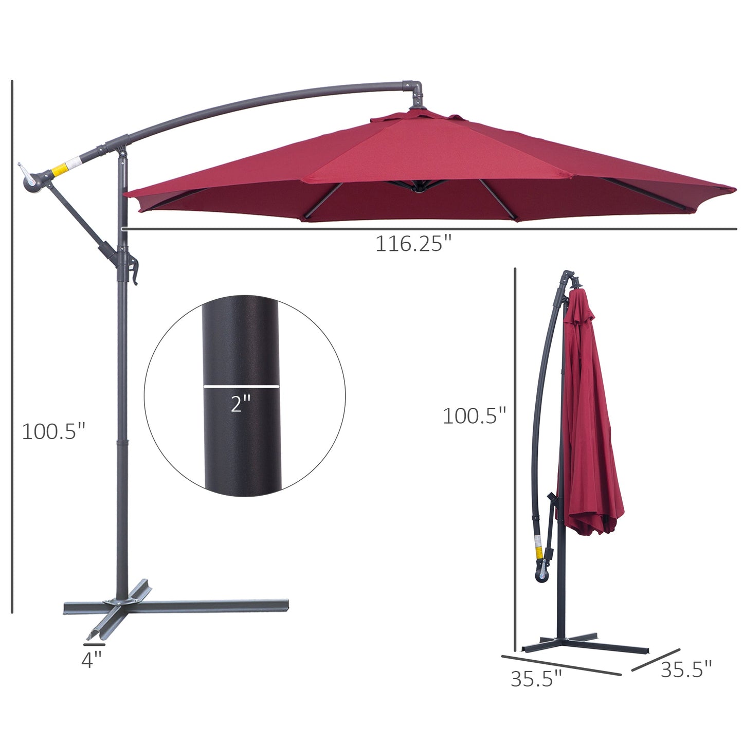 '-Outsunny 10' Cantilever Hanging Tilt Offset Patio Umbrella with UV & Water Fighting Material and a Sturdy Stand, Red - Outdoor Style Company