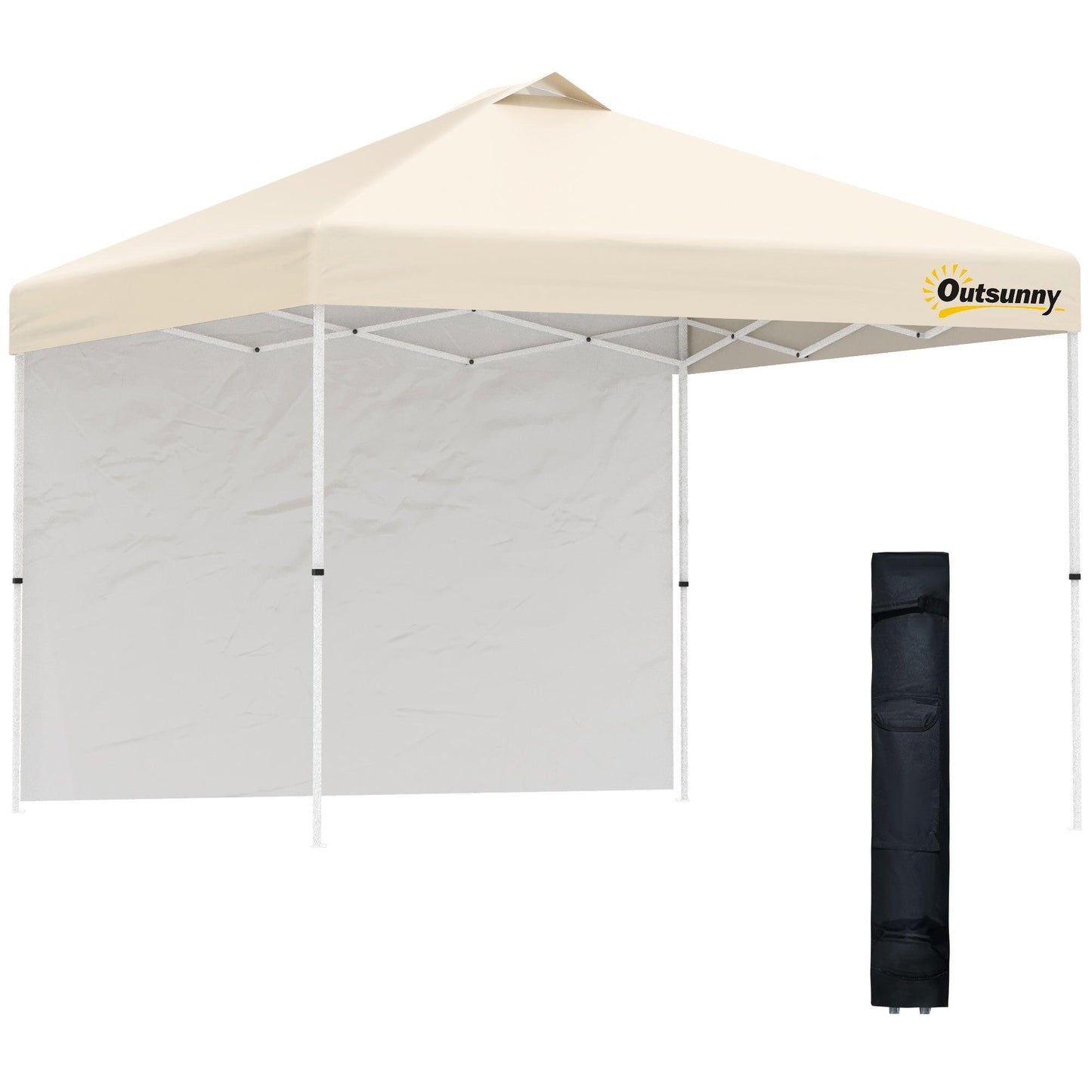 '-Outsunny 10' Pop Up Canopy Party Tent with 1 Sidewall, Rolling Carry Bag on Wheels, Adjustable Height, Folding Outdoor Shelter, Beige - Outdoor Style Company