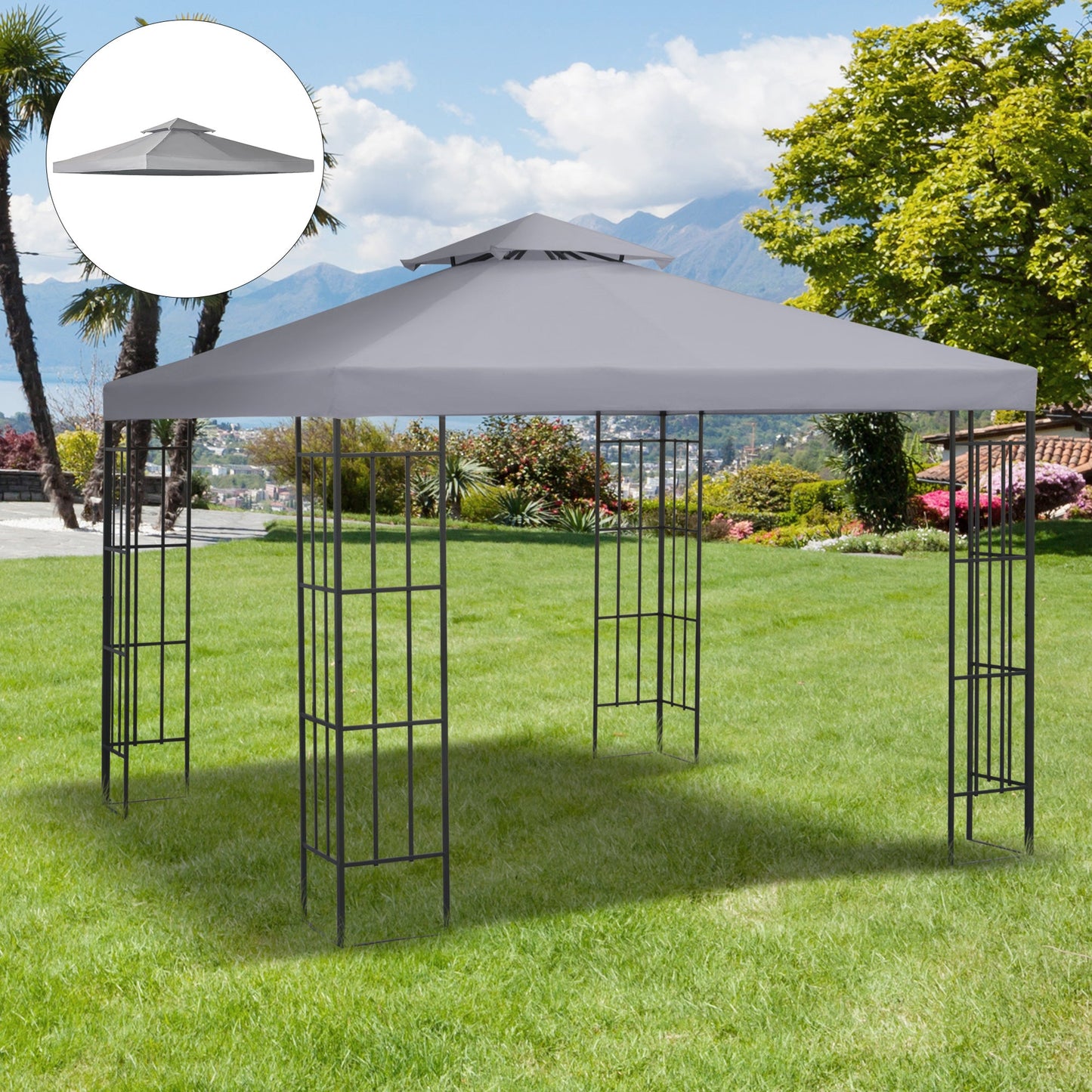 '-Outsunny 10' x 10' Gazebo Canopy Top Replacement, for 2 Tier Outdoor Canopy UV Cover Pavilion Garden Patio Outdoor, Light Grey (TOP ONLY) - Outdoor Style Company