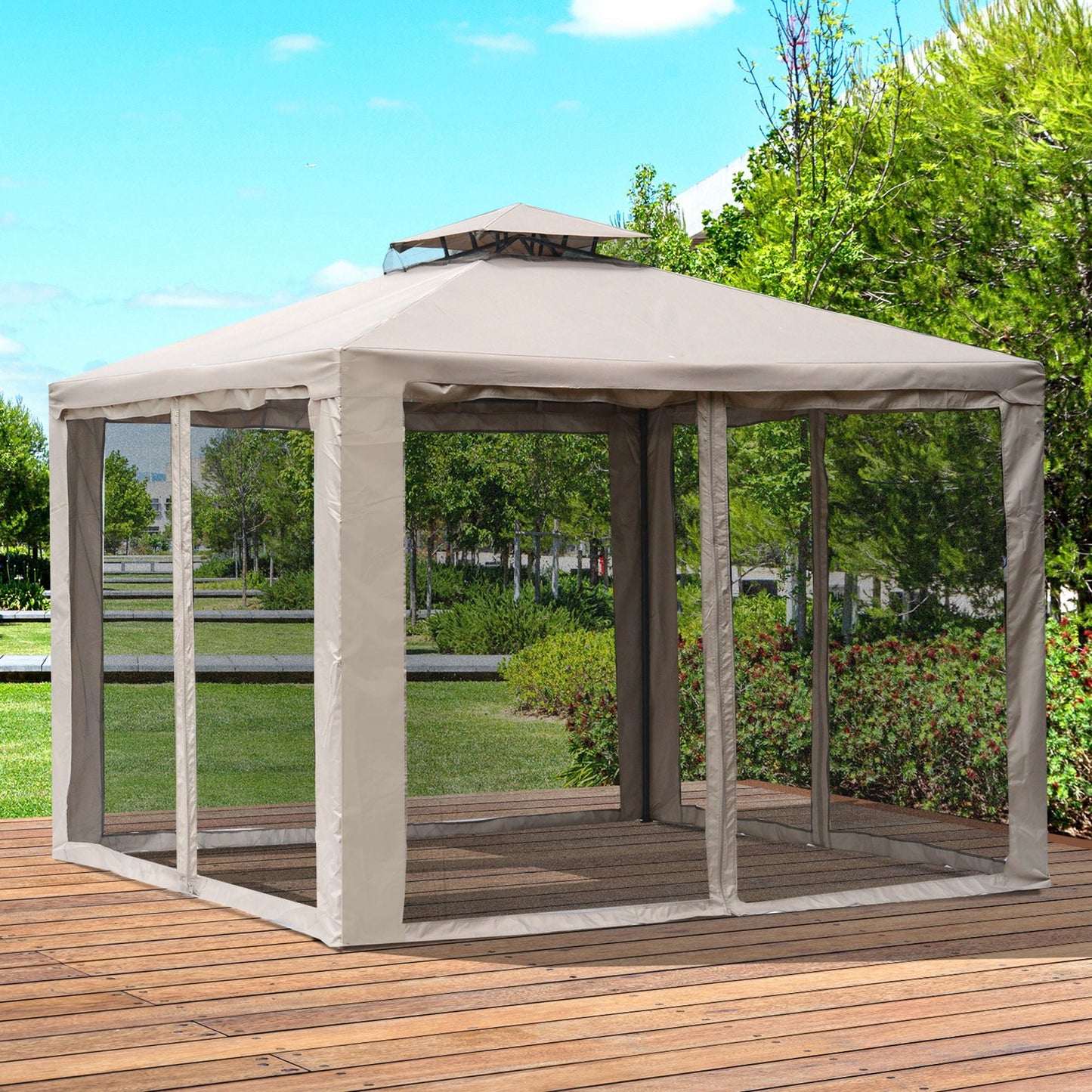 -Outsunny 10' x 10' Gazebo Tent, Canopy with Mosquito Netting SideWalls, 2-Tier Vented Roof, Fabric for Garden, Lawn, Backyard, Taupe | Aosom.com - Outdoor Style Company