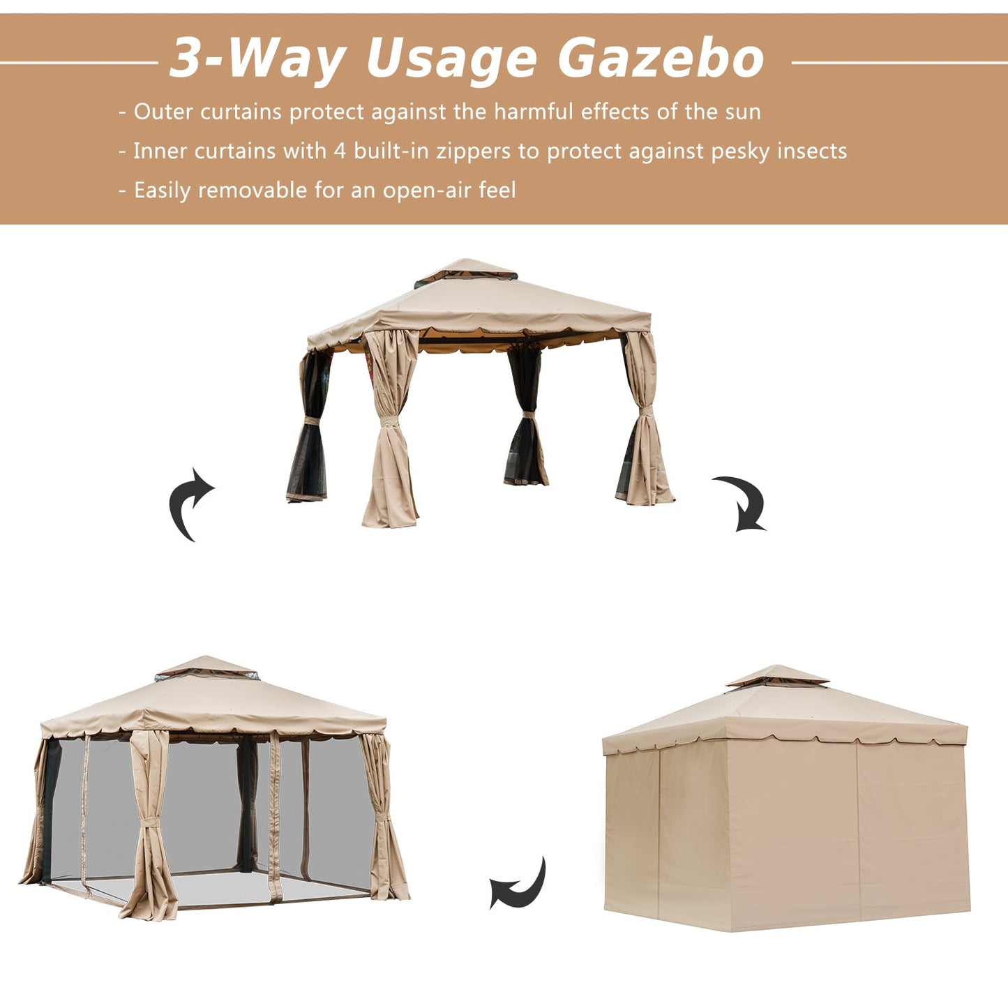 '-Outsunny 10' x 10' Gazebo with Netting and Curtains, Outdoor Canopy Shelter with Double Vented Roof, for Garden, Lawn, Backyard and Deck, Khaki - Outdoor Style Company