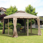 '-Outsunny 10' x 10' Gazebo with Netting and Curtains, Outdoor Canopy Shelter with Double Vented Roof, for Garden, Lawn, Backyard and Deck, Khaki - Outdoor Style Company