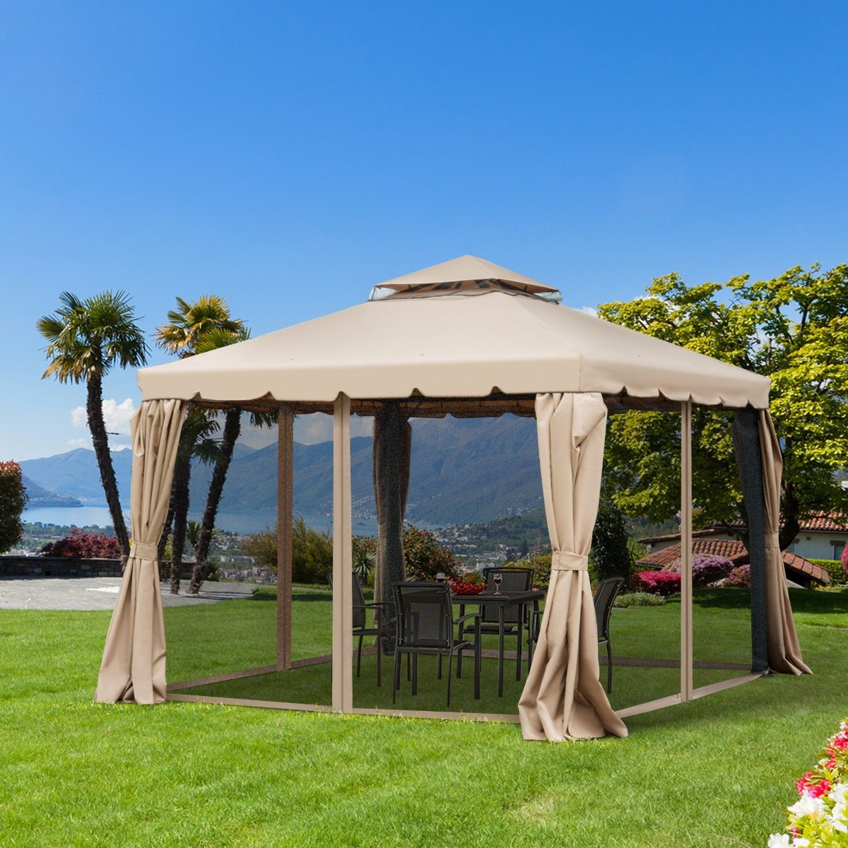 '-Outsunny 10' x 10' Gazebo with Netting and Curtains, Outdoor Canopy Shelter with Double Vented Roof, for Garden, Lawn, Backyard and Deck, Khaki - Outdoor Style Company