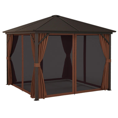 '-Outsunny 10' x 10' Hardtop Gazebo Canopy, Permanent Pavilion with Hook, Curtains, Aluminum Frame for Patio, Garden, Dark Brown - Outdoor Style Company