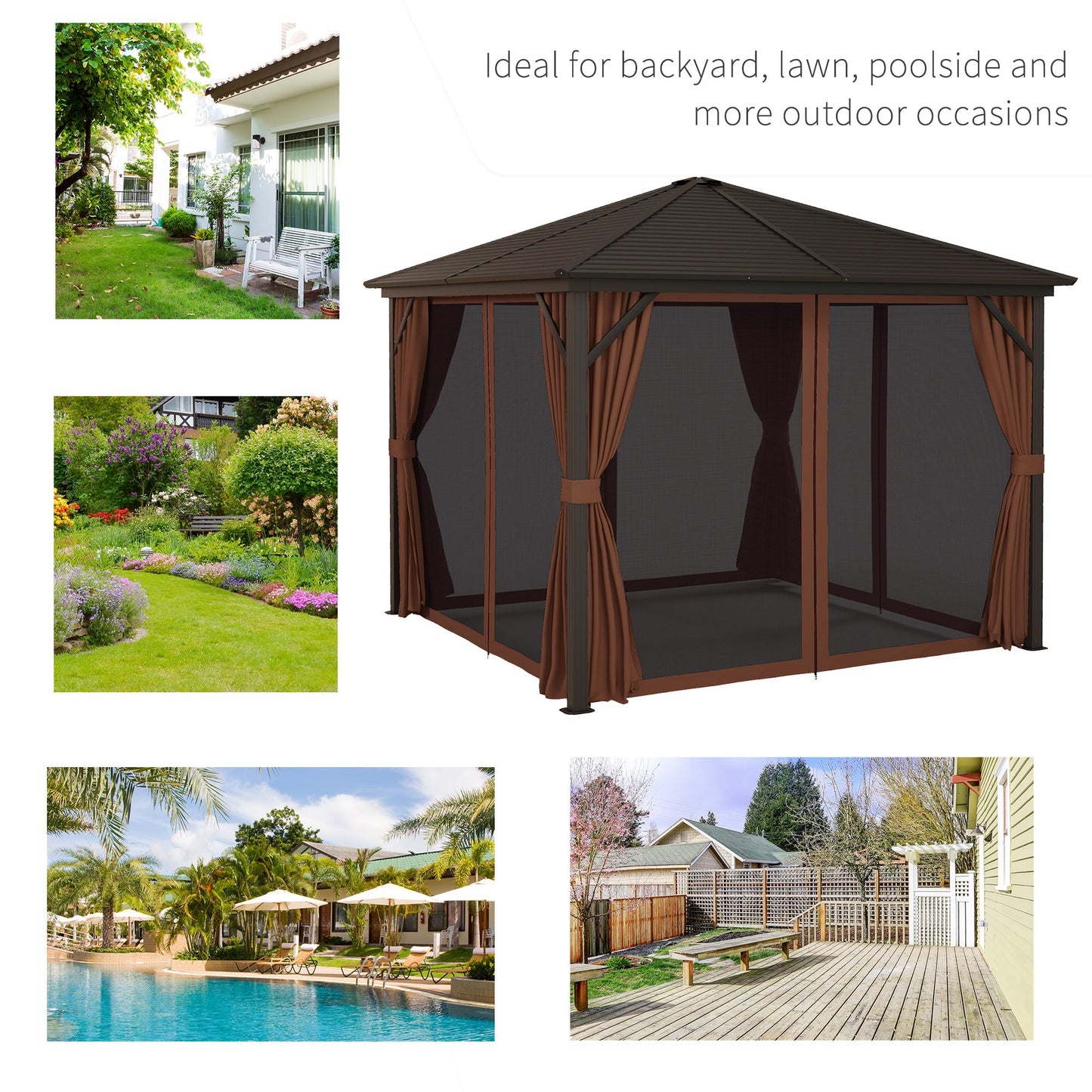 '-Outsunny 10' x 10' Hardtop Gazebo Canopy, Permanent Pavilion with Hook, Curtains, Aluminum Frame for Patio, Garden, Dark Brown - Outdoor Style Company