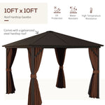 '-Outsunny 10' x 10' Hardtop Gazebo Canopy, Permanent Pavilion with Hook, Curtains, Aluminum Frame for Patio, Garden, Dark Brown - Outdoor Style Company