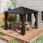 '-Outsunny 10' x 10' Hardtop Gazebo Canopy, Permanent Pavilion with Hook, Curtains, Aluminum Frame for Patio, Garden, Dark Brown - Outdoor Style Company