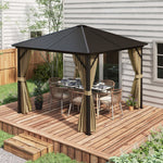 '-Outsunny 10' x 10' Hardtop Gazebo Canopy w/ Galvanized Steel Roof, Aluminum Frame, Outdoor Gazebo w/ Hook, Netting & Curtains for Patio, Garden, Brown - Outdoor Style Company