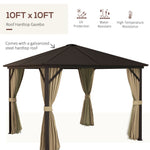 '-Outsunny 10' x 10' Hardtop Gazebo Canopy w/ Galvanized Steel Roof, Aluminum Frame, Outdoor Gazebo w/ Hook, Netting & Curtains for Patio, Garden, Brown - Outdoor Style Company