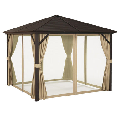 '-Outsunny 10' x 10' Hardtop Gazebo Canopy w/ Galvanized Steel Roof, Aluminum Frame, Outdoor Gazebo w/ Hook, Netting & Curtains for Patio, Garden, Brown - Outdoor Style Company