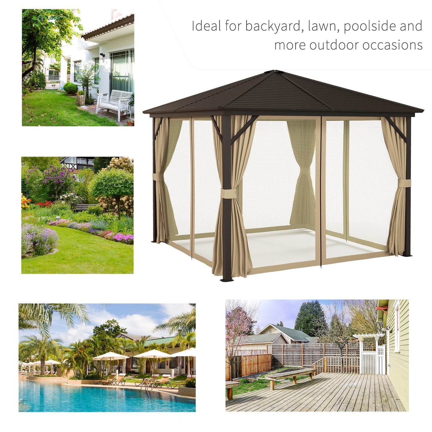 '-Outsunny 10' x 10' Hardtop Gazebo Canopy w/ Galvanized Steel Roof, Aluminum Frame, Outdoor Gazebo w/ Hook, Netting & Curtains for Patio, Garden, Brown - Outdoor Style Company