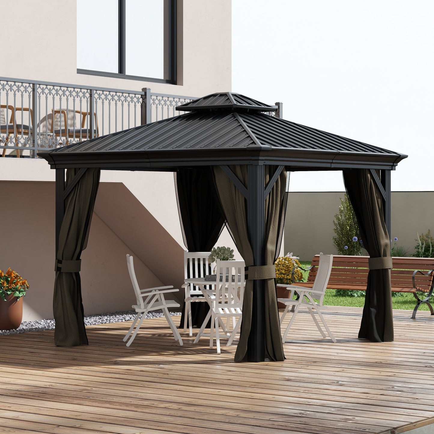 '-Outsunny 10' x 10' Hardtop Gazebo, Pavilion Gazebo with Curtains, Nettings, Aluminum Frame, Hooks, for Garden, Patio, Dark Brown - Outdoor Style Company